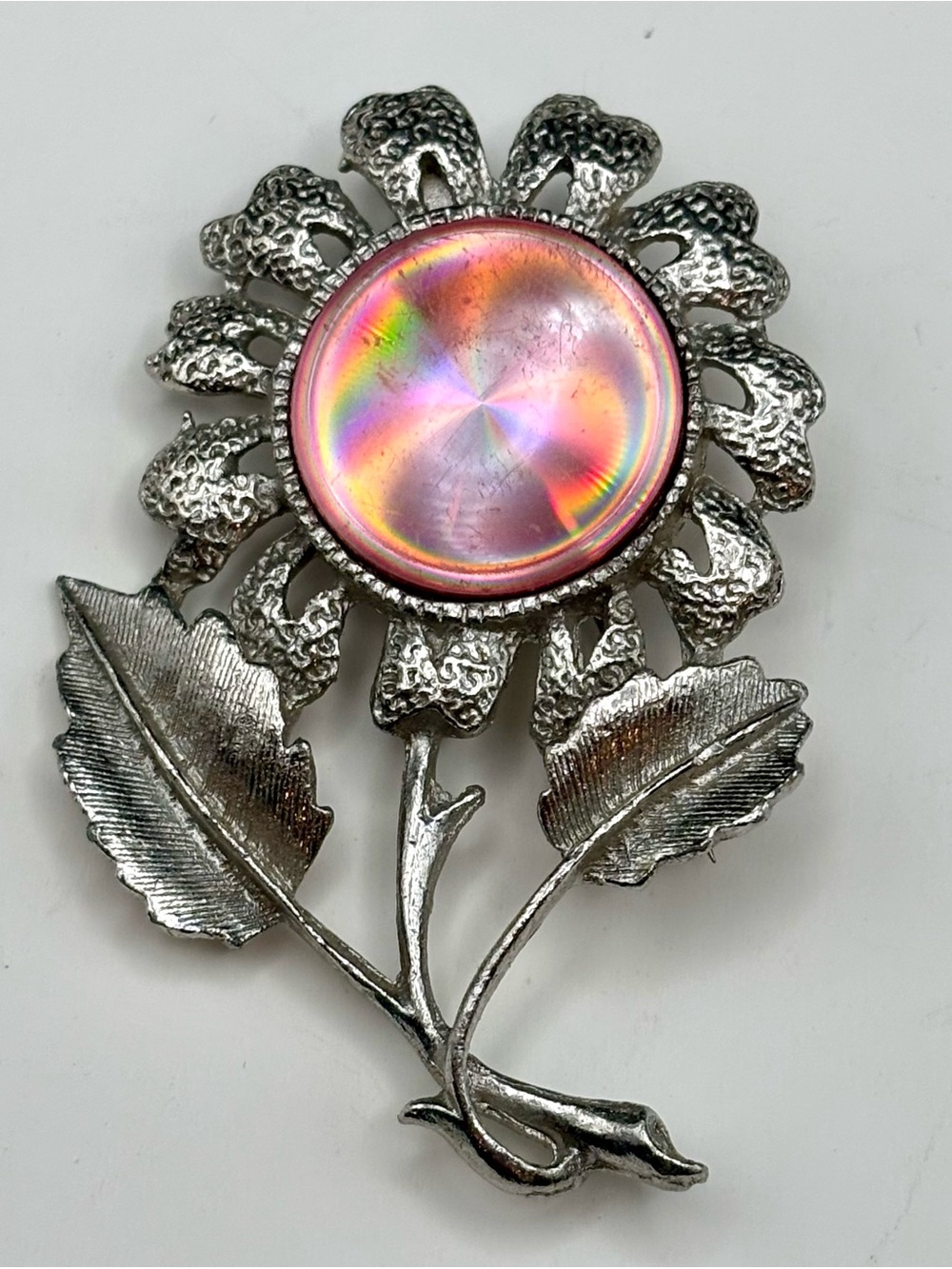 Vintage Jewelarama Silver Tone Daisy Flower Pin Pink Rainbow Iridescent Brooch